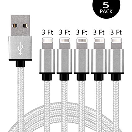 BBInfinite Compatible iPhone Cable, 5Pack 3FT, MFi Certified Lightning Cable,Nylon Braided Charger to Cable Data Syncing Cord iPhone X/XS/Xsmax/XR/8/8Plus/7/7Plus/6S/6Splus, Se/5S/5,(Silver White)