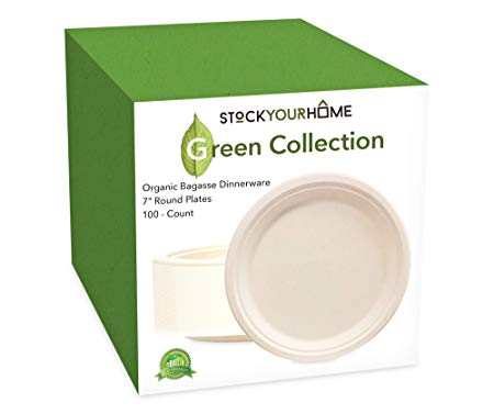 7-Inch Compostable Luncheon Plates- Eco Friendly Natural Bagasse Sugarcane Dinnerware Set, 100-Count