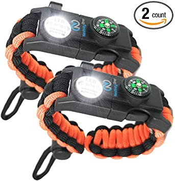 Nexfinity One Survival Paracord Bracelet - Tactical Emergency Gear Kit with SOS LED Light, Knife, 550 Grade, Adjustable, Multitools, Fire Starter, Compass, and Whistle - Set of 2
