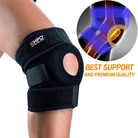 Knee Support Brace EMPO® - LIFETIME WARRANTY - Perfect for Running, Jogging, Training, Soccer and other Sports, Joint Pain Relief, Arthritis and Injury Recovery - Maximum Comfort Fully Adjustable - High Quality Neoprene Good Sports Compression - Relieves Patella Tendonitis, strains, sprains and Arthritic Pain / Helps Stabilize ACL Ligament with unique Anti-Slip design and strong Velcro - Unisex - Black