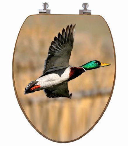 TOPSEAT 6TSPE1751CP 999 3D Upland Series "Mallard Duck" Elongated Toilet Seat with Chromed Metal Hinges, Wood Finish