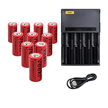 CR123A Rechargeable Battery And 4-Slots Universal Battery Charger, Veeki 16340 RCR123A 3.7V 650mAh Protected Li-ion 16340 Batteries 10Packs for High Drain Device (4S 10Battery)