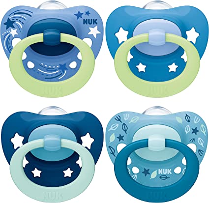 NUK Signature Night & Day Baby Dummies | 6-18 months | Glow in the Dark Soothers | BPA-Free Silicone | Blue | 4 Count