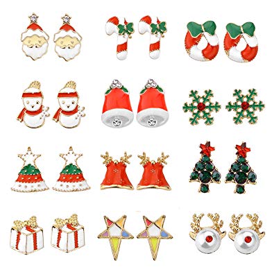 Women Christmas Earring Stud - 12 Pairs Hypoallergenic Christmas Gifts for Teens Girls Kids Cute Festive Earrings Jewelry Set Party Gold-tone