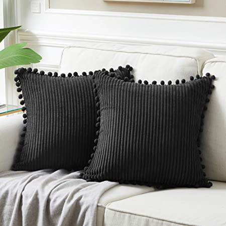 Fancy Homi Pack of 2 Soft Corduroy Decorative Throw Pillow Covers with Pom-poms, Solid Square Cushion Pillow Cases Set for Couch Sofa Bedroom Car Living Room (16x16 Inch/40x40 cm, Black)