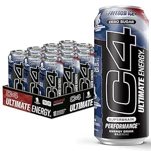 C4 Ultimate x Wounded Warrior Project | 300mg Caffeine Sugar Free Energy Drink | Freedom Ice | Pre Workout Performance Drink | 16oz (Pack of 12)