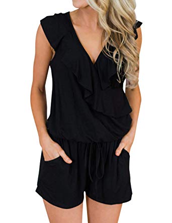 MEROKEETY Women's Summer V Neck Ruffles Sleeveless Shorts Elastic Waist Pockets Jumpsuit Rompers