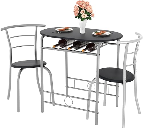 VECELO 3 Piece Small Round Dining Table Set for Kitchen Breakfast Nook, Wood Grain Tabletop with Wine Storage Rack, Save Space, 31.5", Black & Silver