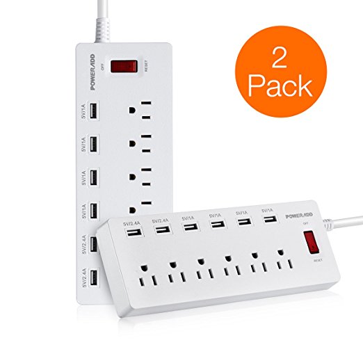 Poweradd 6-Outlet 6 USB Ports Power Strip Extension Lead with Surge Protector 6ft Cord for Smartphones, Tablets, Desk Lamps, Computers and More Devices (White) - 2 Pack