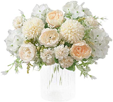 KIRIFLY Artificial Flowers, Fake Peony Silk Hydrangea Bouquet Decor Plastic Carnations Realistic Flower Arrangements Wedding Decoration Table Centerpieces 2 Packs (White)