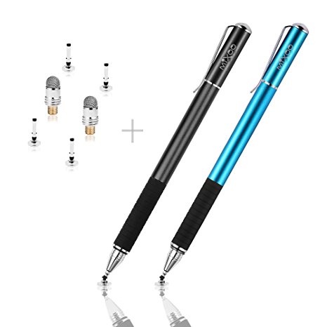 Mixoo Stylus for Touchscreen Devices, (2in1 Fiber & Disc Tip Series) Set of 2 Stylus, Bundle with 6 Additional Replacement, including 4 Replaceable Disc Tips, 2 Fiber Mesh Tips, Black/Blue