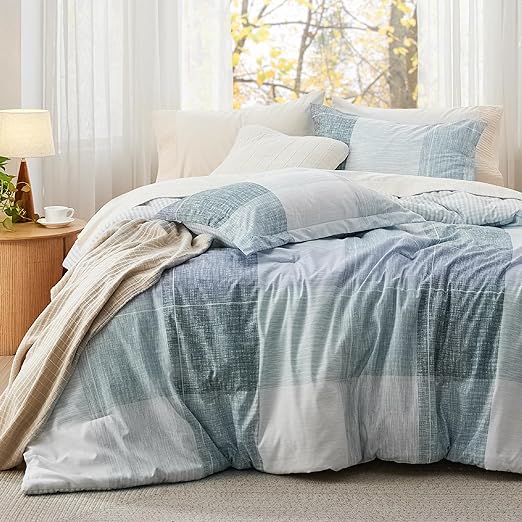 Bedsure Plaid Comforter Set - Bedding Comforter Set Queen, Reversible Blue Buffalo Plaid Grid Comforter for All Season, 3 Pieces Soft Bed Set, Includes 2 Pillow Shams