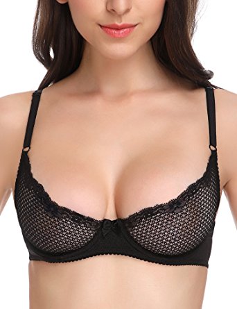 WingsLove Women's Sexy 1/2 Cup Lace Bra Soft Mesh Underwired Demi Bra Unlined See Through Bralette