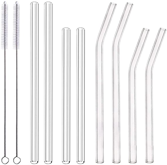 ALINK 8-Pack 10mm Glass Smoothie Straws, Reusable Clear Drinking Straws for 20 oz 30 oz RTIC/YETI Tumblers, Tervis, Starbucks Cups, Mason Jars with 2 Cleaning Brush