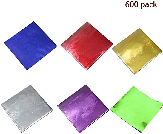 600 Pcs 6 Colors Chocolate Candy Wrappers Aluminium Foil Paper Wrapping Papers Square Sweets Lolly Paper Food Safety Candy Tin Foil Wrappers for Candy Packaging Decoration (3.2"x3.2") eware