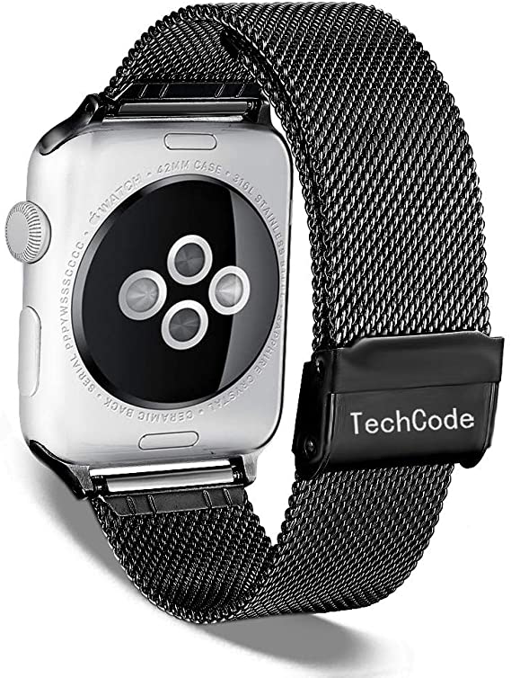 Smartwatch Strap for iWatch Series 5, TechCode Stainless Steel Mesh Watch Straps 42mm 44mm Sport Wristband Loop Replacement with Adjustable Metal Clasp for iWatch Series 1/2/3/4/5 Watch Band,Black