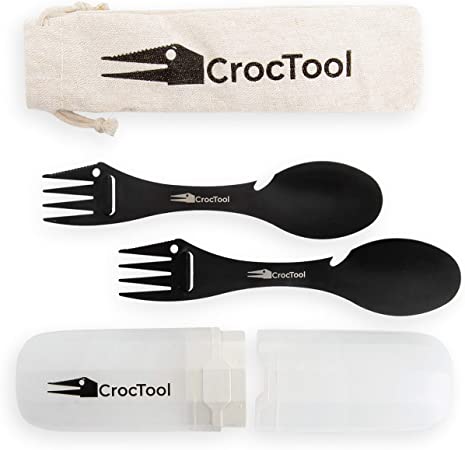 CrocTool Spork Ultra Lightweight and Strong 5 in 1 Camping Utensil Set-Spoon Fork Knife Peeler Bottle Opener Bag Carry case. Ideal for Outdoors, Home or Office