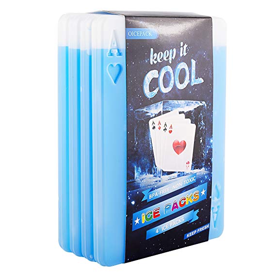 OICEPACK Ice Packs (Set of 4) Ice Packs for Lunch Box Cooler Ice Packs Long Lasting Cold Lunch Bag Ice Packs Slim Cool Packs for Food Keep Food Fresh Cool Packs for Cool Boxes Poker ACES Design Blue