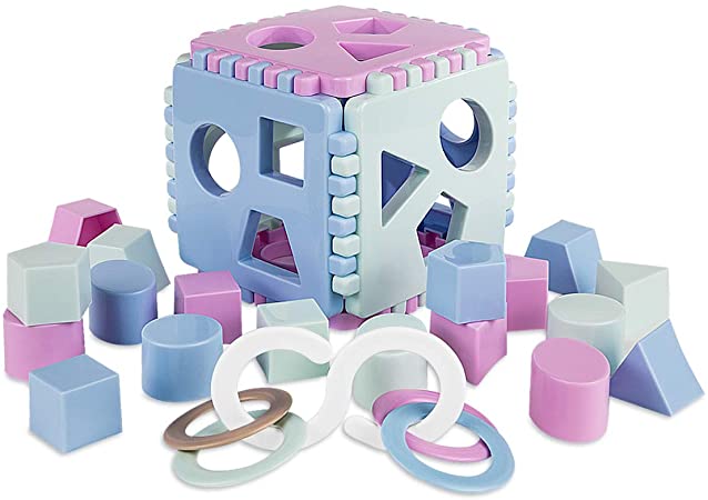 Mimtom Shape Sorter Toy | Re-buildable Baby Play Cube with 18 Sorting Blocks | Learning Toy Made in The EU - Purple, Blue & Green
