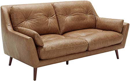 Rivet Brooker Down-Filled Mid-Century Sofa, 76"W, Top Grain Leather, Cognac