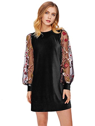 DIDK Women's Velvet Tunic Dress With Embroidered Floral Mesh Bishop Sleeve