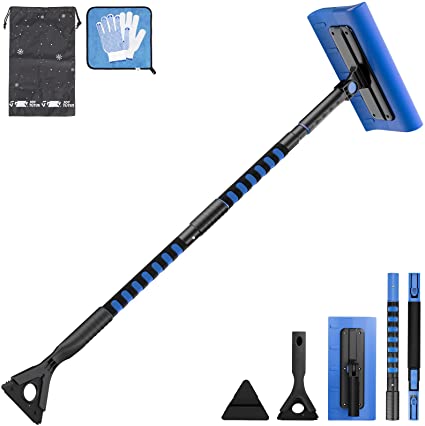 JOYTUTUS 47'' S-Type Snow Broom, Extendable Snow Brush with Foam Handle, 270° Rotatable Snow Cleaner for Car with Ice Scraper and Wiper Cleaner(Black, with Shovel)