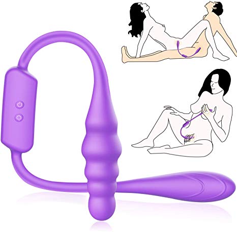 Double Ended Vibrator - SEXY SLAVE Ella Dual Dildo with Anal Beads, 10 Modes Independent Control Silicone Rechargeable G-spot and Clitoral Stimulator for Women Men Couple, Purple (23.6" Long)
