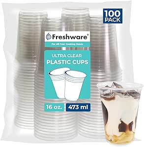 Freshware 16 oz Clear Disposable Plastic Cups, Clear Plastic Cups Tumblers, Heavy-duty Party Glasses, Disposable Cups for Thanksgiving, Halloween, Christmas Party, 16 Oz Cups, 100 Count (Pack of 1)