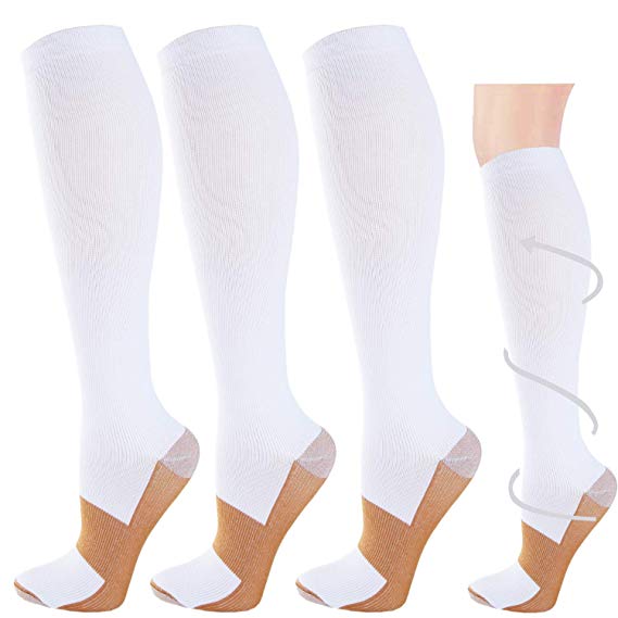 3 Pairs Copper Compression Socks for Men & Women 20-30 mmHg Medical Graduated Compression Stockings for Sports Running Nurses Shin Splints Diabetic Flight Travel Pregnancy (White,S/M)