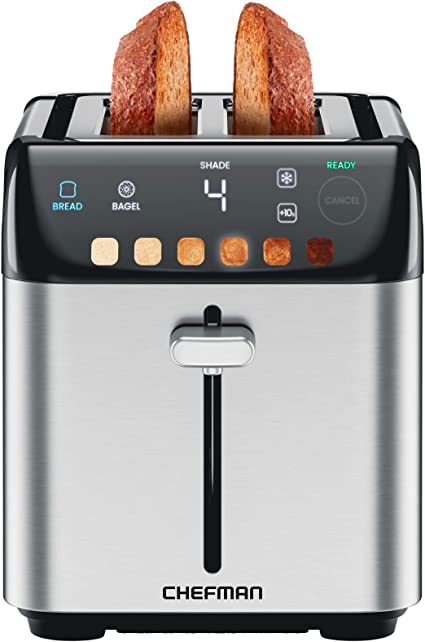 Chefman Smart Touch 2 Slice Digital Toaster, 6 Shade Settings, Stainless Steel Toaster 2 Slice with Extra-Wide Slots, Thick Bread Toaster and Bagel Toaster,  10, Defrost, Removable Crumb Tray