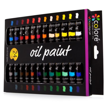 Colore High Quality Oil Paint Set - Perfect for use on Landscape and Portrait Canvas Paintings - Great for Professional Artists, Students & Beginners - Set of 24 Richly Pigmented Oil Paint Colors