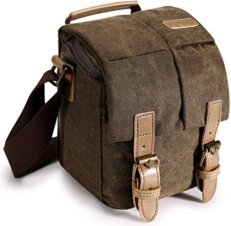 S-ZONE Vintage Waterproof Canvas Leather Trim DSLR SLR Shockproof Camera Shoulder Messenger Bag