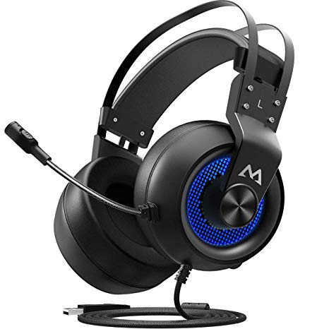 Mpow EG3 Gaming Headset, 7.1 Surround Sound Gaming Headphones for FPS Game, 50mm Driver, Stereo Over-Ear USB Computer Headset with Noise Cancelling Mic, LED Light, Easy Volume/Mic Control for PC, PS4