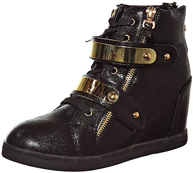 shoewhatever Women's Suede High Top Zip Lace Up Wedge Heels Fashion Sneakers