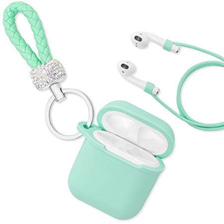 Airpods Case Cover, ZAHIUS Airpods Silicone Accessories with Glittery Keychain[Protective Case, Anti-Lost Strap, Shiny Keychain] for Apple Airpod[1&2 Version] (Mint Green)