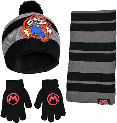 Nintendo Boys' Winter Hat, Scarf, and Kids Gloves Sets, Super Mario for Ages 4-7