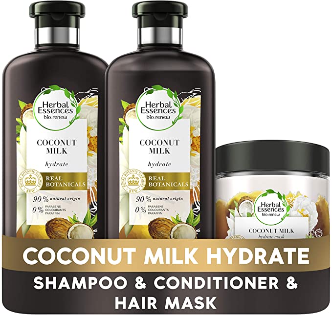 Herbal Essences Bio Renew Coconut Milk Shampoo, Conditioner and Hair Mask Set for Hydrating Hair, Smells Like Coconut Oil Hair Care, A Set of Natural Hair Products