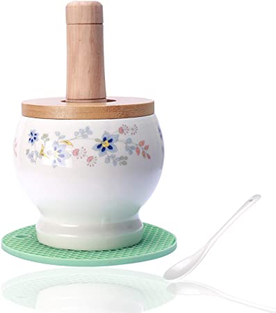 WOFFMX Porcelain Mortar and Pestle Set Solid Grinder 4.7 Inch Holds 2 Cups with Bamboo Cover Anti-slip Pad for Herbs Spice Guacamole Garlic Ginger Root (JLSJ001)