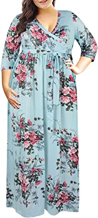 Nemidor Women's 3/4 Sleeve Floral Print Plus Size Casual Party Maxi Dress