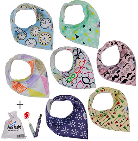 Premium Baby Bandana Drool Bibs with 3 Snaps by Ana Baby 7-Pack 100% Organic Cotton For Boys and Girls Free Pacifier Clip+E book+Gift bag-Options Available