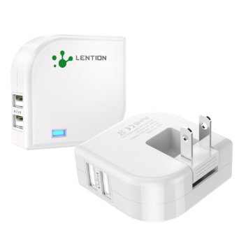 LENTION 2.4 Amp Dual Port Rotatable High Speed USB Wall Fast Charger Plug Adapter for iPhone 6/6s/Plus/SE/5s/5, iPad Pro/Air/Mini, Galaxy S7/S6/S5/Edge, Note 5/4/3/2, LG G5 and More