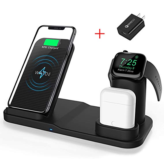Wireless Charger, 3 in 1 Wireless Charging Stand for Apple Watch and Airpods,Qi Fast Wireless Charging Station Compatible iPhone X/XS/XR/Xs Max/8/8 Plus, for Apple Watch Series 4/3/2/1 AirPods，Black
