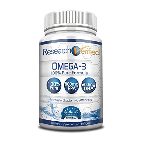 Research Verified Omega-3 - 100% Pure Premium Omega 3 - 1 Month Supply - 800mg EPA & 600mg DHA - Pharmaceutical Grade - No Aftertaste - 1500mg - 365 Day 100% Money Back Guarante!