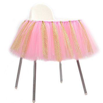 SL crafts Pink Gold Glitter Tulle High Chair Tutu Skirt Decoration Baby Shower Birthday Party Supplies 36x13.8 Inch (Pink Gold)