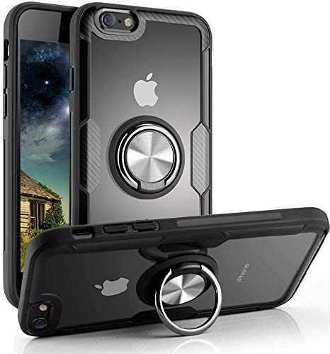 Lamzu iPhone 6 Case/iPhone 6S Case, Clear Hard Back Cover Slim Rubber Bumper Hybrid Case with 360° Rotation Finger Ring Grip Holder Kickstand [Work with Magnetic Car Mount] for iPhone 6/6S,Blackb2