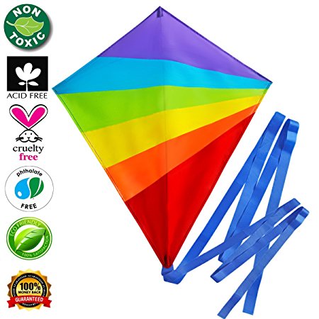 Kite Large Flying Kites Kit for Kids with String Handle (NEW Edition) - Fly Big Easy Diamond Rainbow High Flyer - FREE Extra Gift (Ebook) - Best Gift: Beach Summer Runner Toy for Children Travel Size