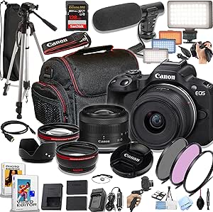 Canon EOS R50 24.2MP APS-C CMOS Sensor Mirrorless Camera with 18-45mm Lens, 128GB Extreme Speed Memory, Video Light, Microphone, Grip, Filters, Lenses, Case, Software, More, Black (Renewed)