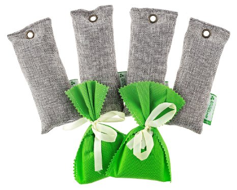 Natural Bamboo Charcoal Air Purifying Bags 6Pcs Set- Eliminate Smells from Closet Shoes Boots Cars Kitchen - Absorb Odor Inhibit Molds and Bacteria - Non-Toxic - Portable Design - Lasts Up to 2Yrs