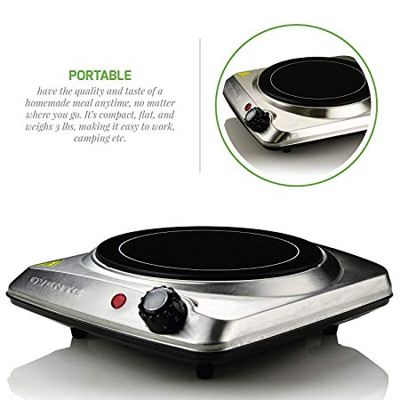 Countertop Infrared Burner – 1000 Watts – 7 Inch Ceramic Glass Single Plate Cooktop with Temperature Control, Non-Slip Feet – Indoor/Outdoor Portable Electric Stove – Stainless Steel (BGI101S)