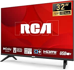 RCA TV 32 Pouces (80 cm) sans Bord LED HD Téléviseurs avec Triple Tuner (DVB-T/T2-C-S/S2), HDMI, CI , Lecteur Multimédia USB, Mode Hôtel, Dolby Audio (NRB32HQ1, 2024)